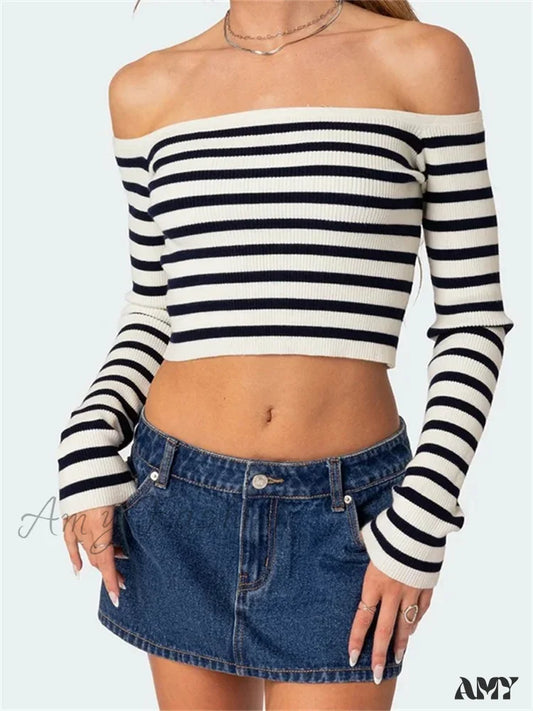 Amy Fashion - Long Sleeve Off-Shoulder Striped Exposed Navel T-Shirts Black / S