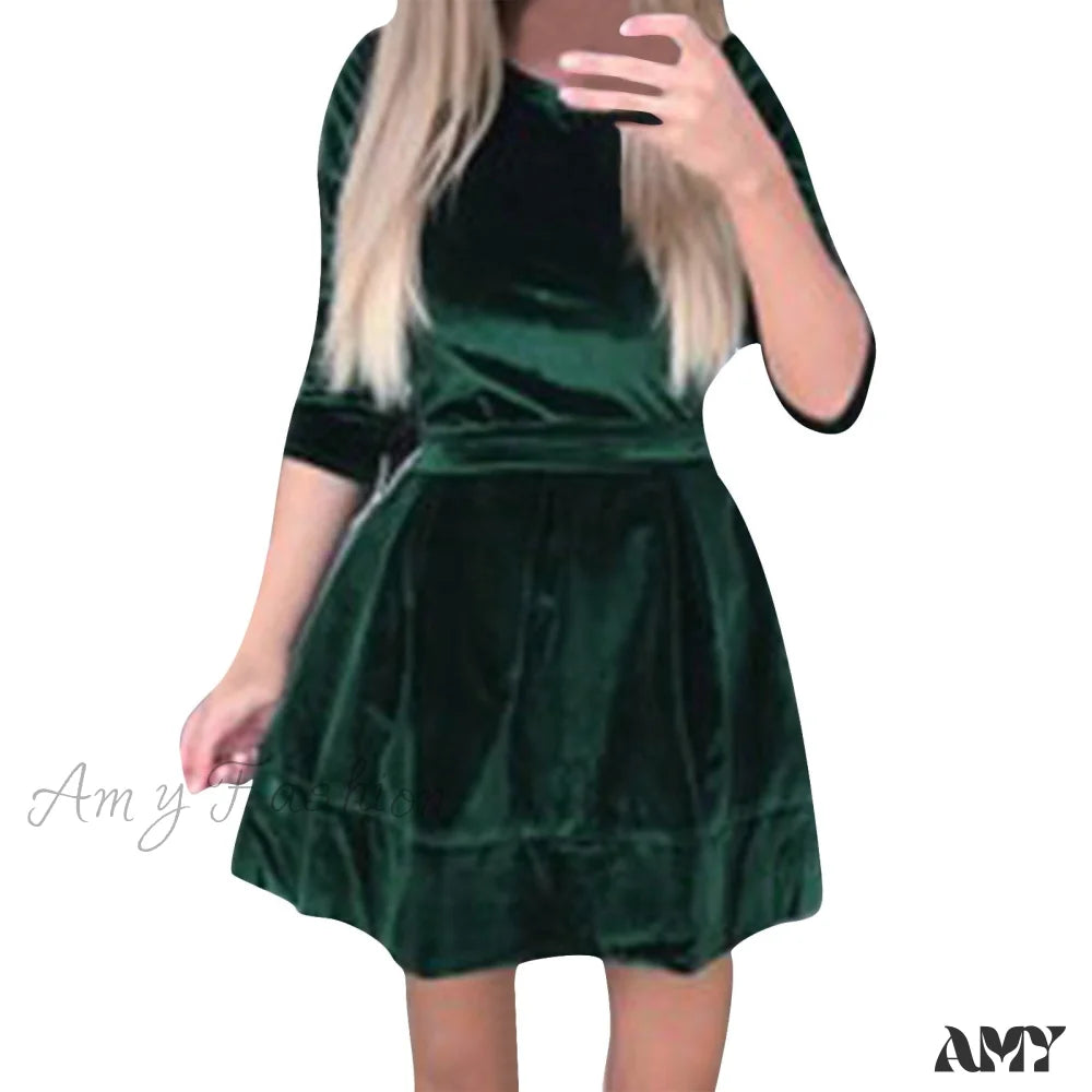 Amy Fashion - Long Sleeve Round Neck Waist Velvet Dress