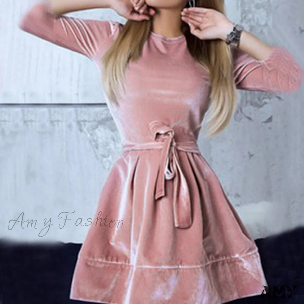 Amy Fashion - Long Sleeve Round Neck Waist Velvet Dress