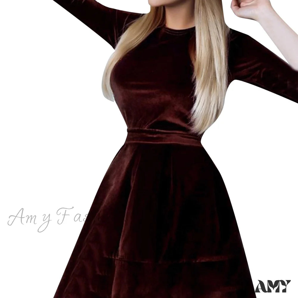 Amy Fashion - Long Sleeve Round Neck Waist Velvet Dress