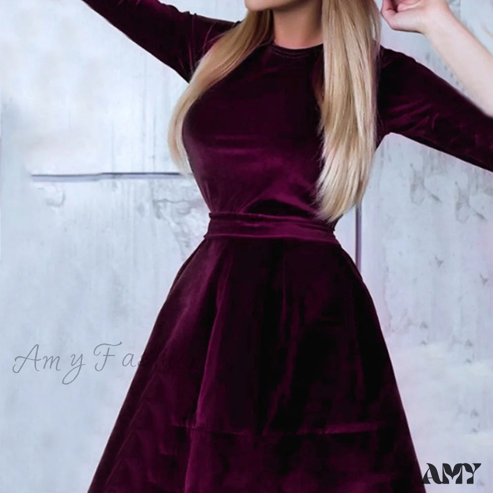 Amy Fashion - Long Sleeve Round Neck Waist Velvet Dress