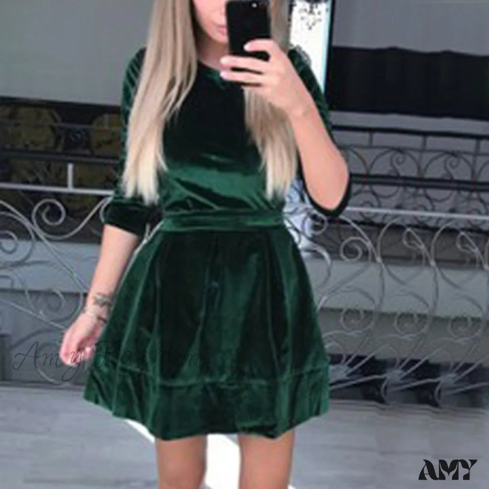 Amy Fashion - Long Sleeve Round Neck Waist Velvet Dress