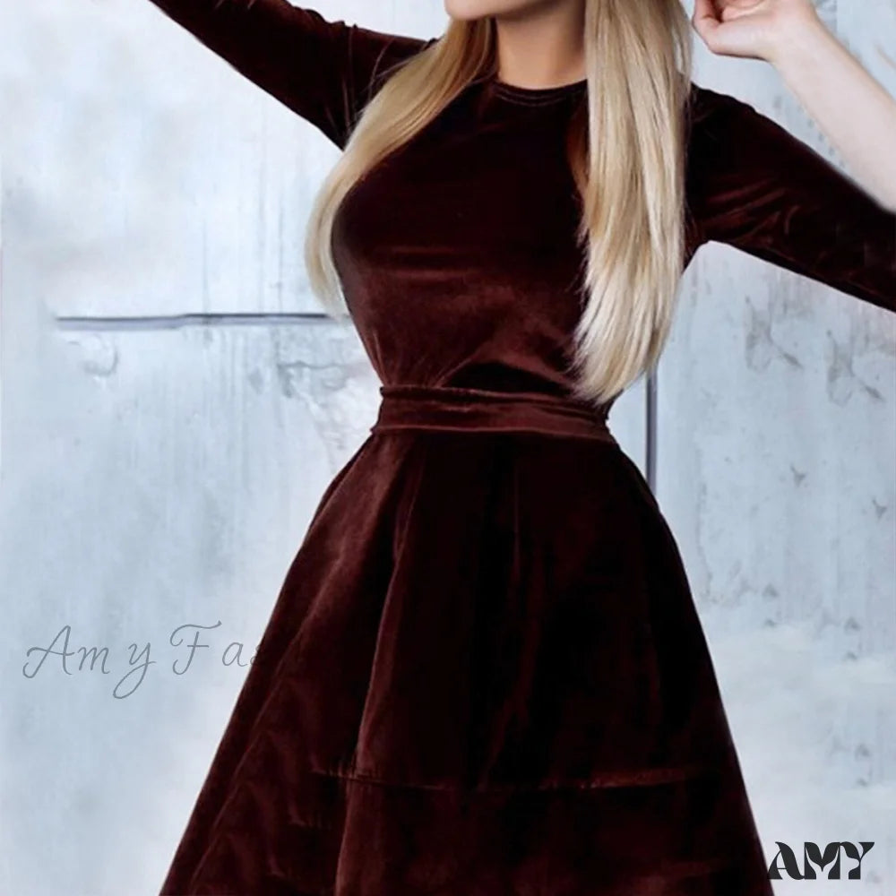 Amy Fashion - Long Sleeve Round Neck Waist Velvet Dress Brown / S