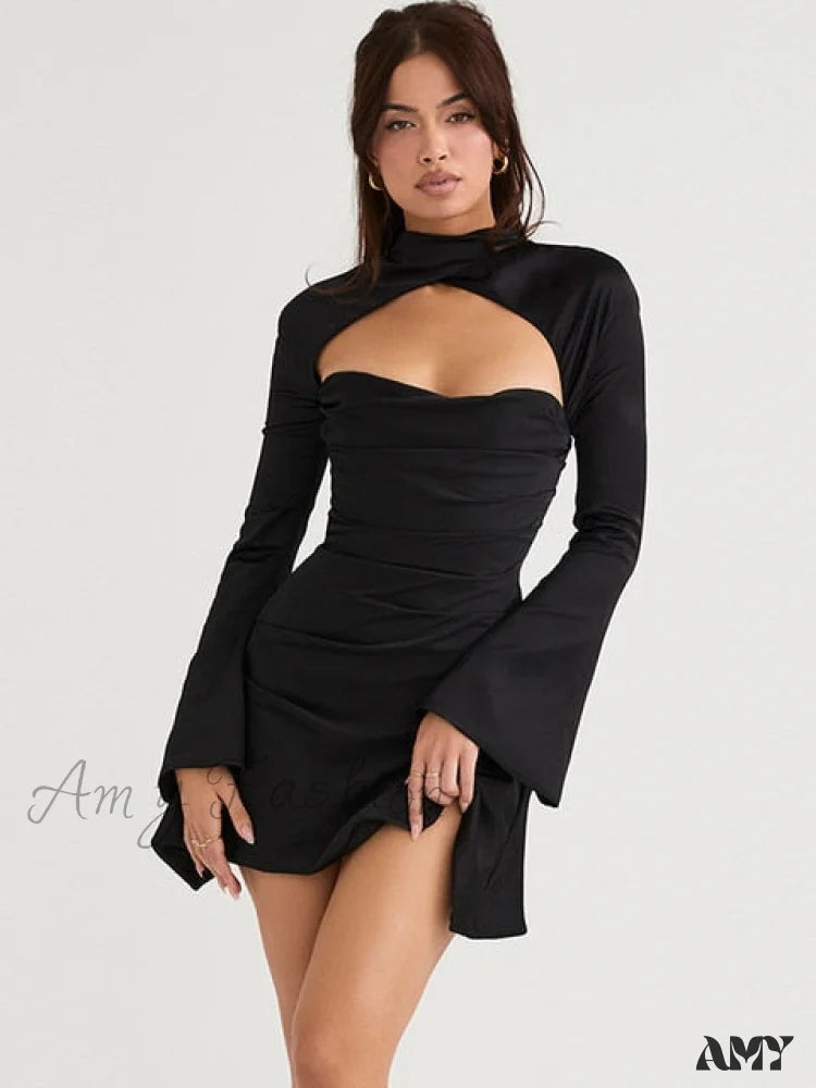 Amy Fashion - Long Sleeve Satin Night Party Draped Mini Dress