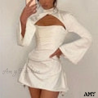 Amy Fashion - Long Sleeve Satin Night Party Draped Mini Dress