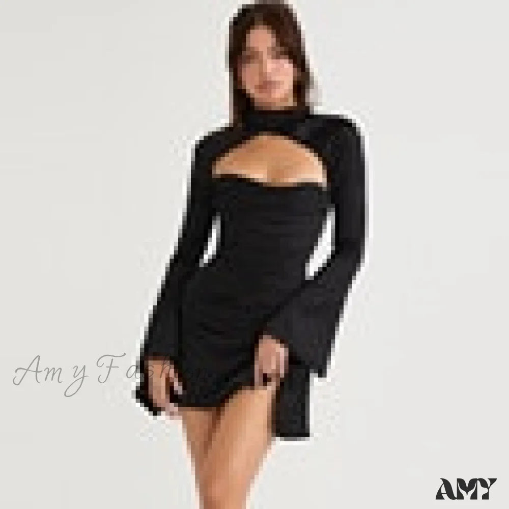 Amy Fashion - Long Sleeve Satin Night Party Draped Mini Dress No Fishbone Black / M