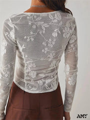 Amy Fashion - Long Sleeve See Through Retro Square Neck Lace T-Shirts