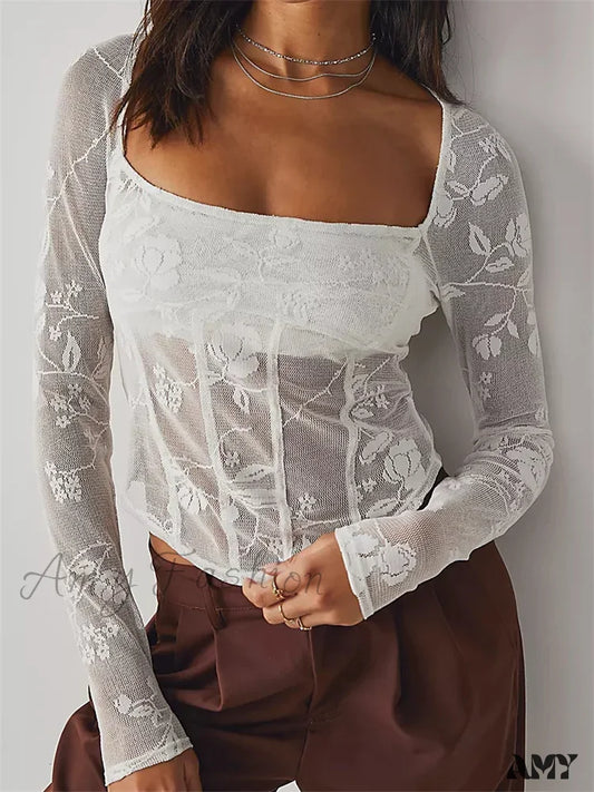 Amy Fashion - Long Sleeve See Through Retro Square Neck Lace T-Shirts White / S