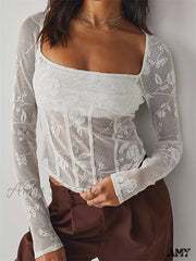 Amy Fashion - Long Sleeve See Through Retro Square Neck Lace T-Shirts White / S