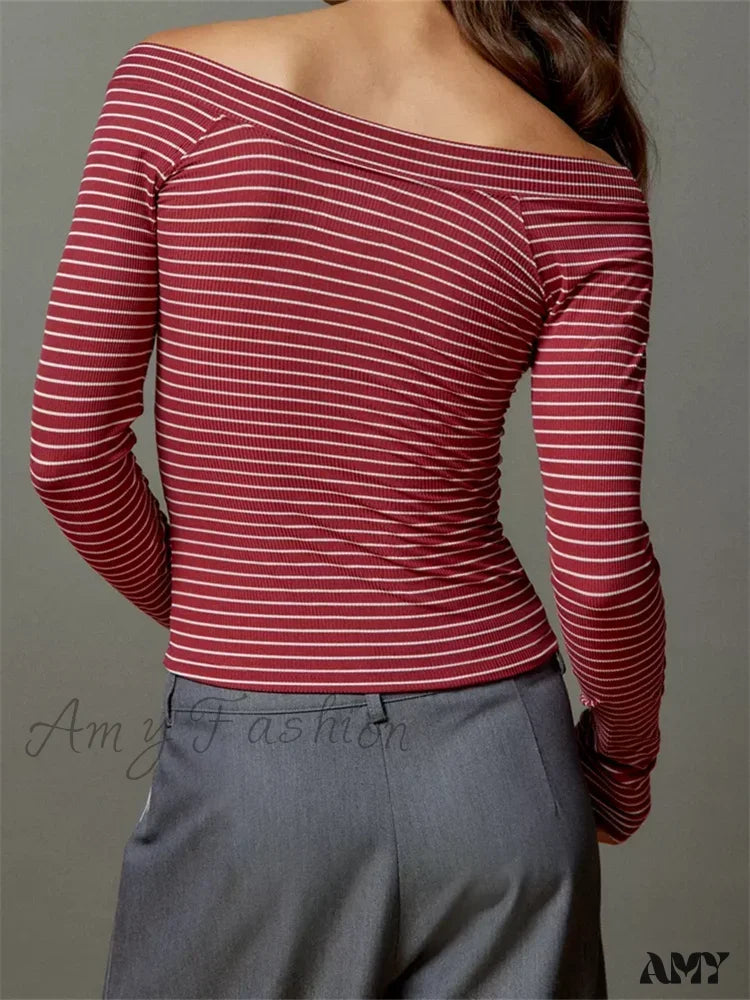 Amy Fashion - Long Sleeve Slim Colorful Striped Print Slash Neck T-Shirts