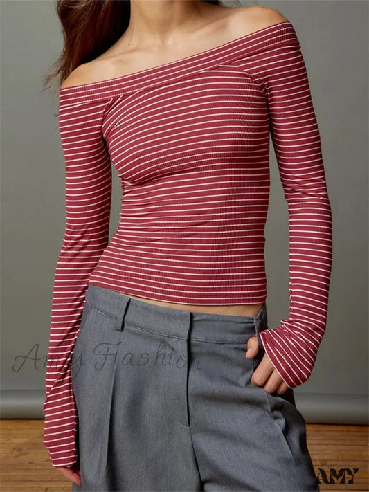 Amy Fashion - Long Sleeve Slim Colorful Striped Print Slash Neck T-Shirts Pink / S