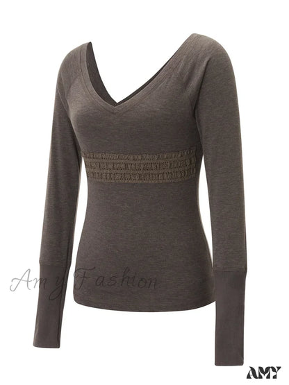 Amy Fashion - Long Sleeve Slim Fit V-Neck Vintage T-Shirts