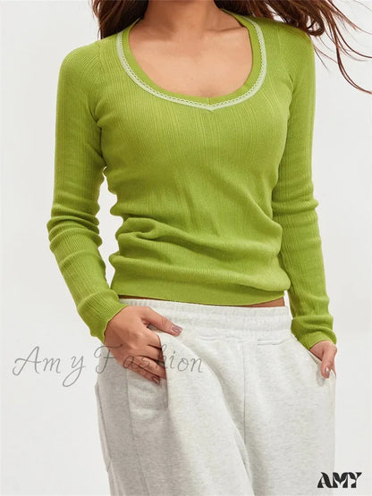 Amy Fashion - Long Sleeve Solid Color Elegant Low Cut Lace Trim T-Shirts