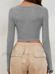 Amy Fashion - Long Sleeve Solid Color Ribbed Square Neck Slim Fit Crop T-Shirts