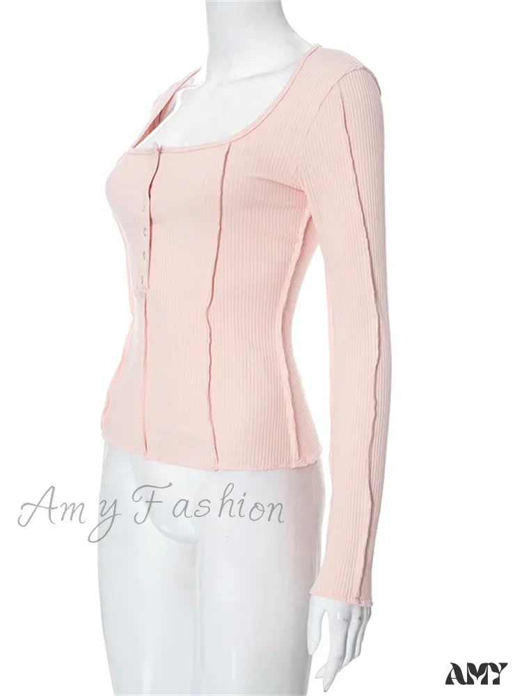 Amy Fashion - Long Sleeve Solid Color Slim Fit Ribbed Button Up T-Shirts