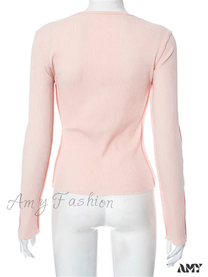 Amy Fashion - Long Sleeve Solid Color Slim Fit Ribbed Button Up T-Shirts