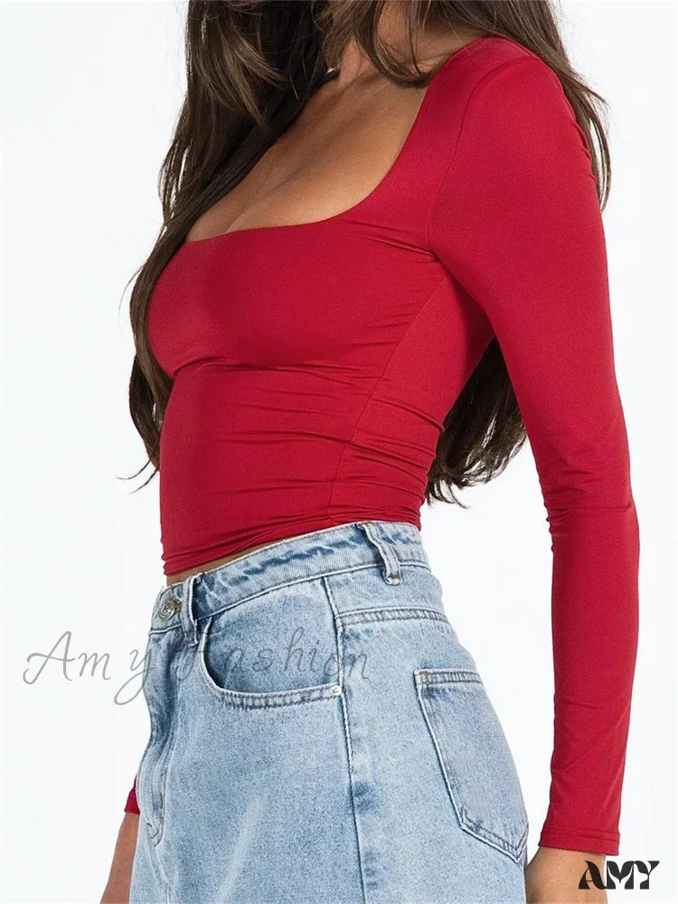 Amy Fashion - Long Sleeve Square Neck Colorful Slim Fit T-Shirts