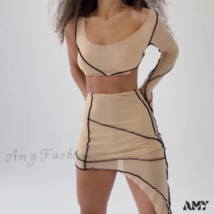 Amy Fashion - Long Sleeve Two Piece Club Party Matching Set Apricot / L