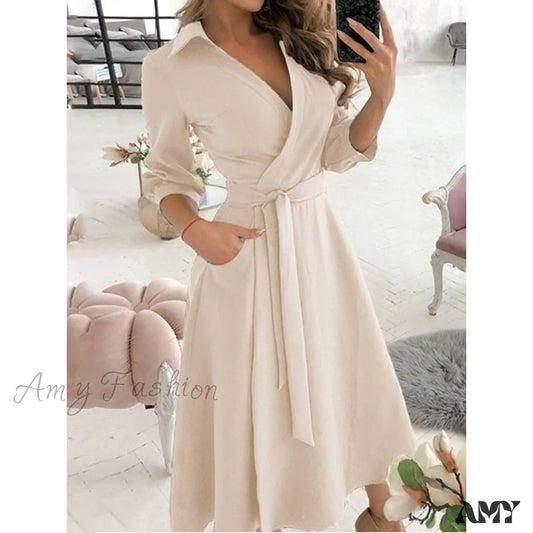 Amy Fashion - Long Sleeve V-Neck Belt Pockets Casual Dress