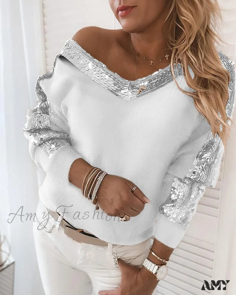 Amy Fashion - Long Sleeve V Neck Casual Club Party Knitted Sweater