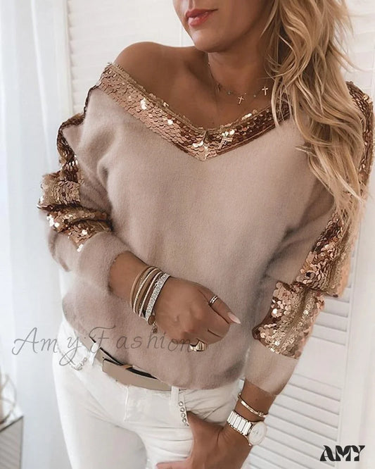 Amy Fashion - Long Sleeve V Neck Casual Club Party Knitted Sweater