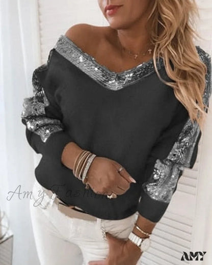 Amy Fashion - Long Sleeve V Neck Casual Club Party Knitted Sweater Black / M