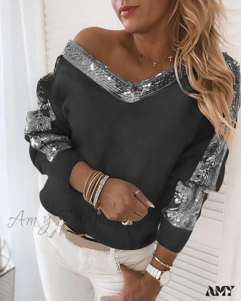 Amy Fashion - Long Sleeve V Neck Casual Club Party Knitted Sweater Black / S