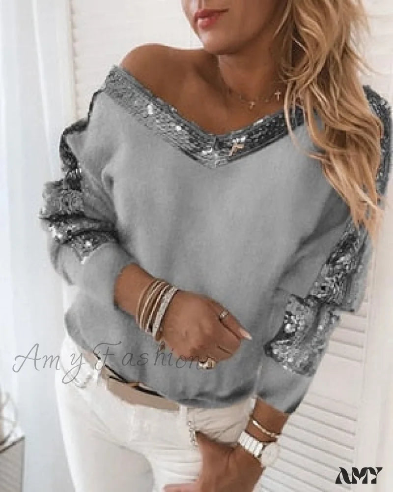 Amy Fashion - Long Sleeve V Neck Casual Club Party Knitted Sweater Gray / S