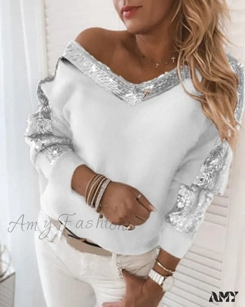 Amy Fashion - Long Sleeve V Neck Casual Club Party Knitted Sweater White / S