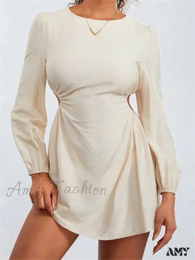 Amy Fashion - Long Sleeve Waist Hollow Out Tie Up Mini Dress