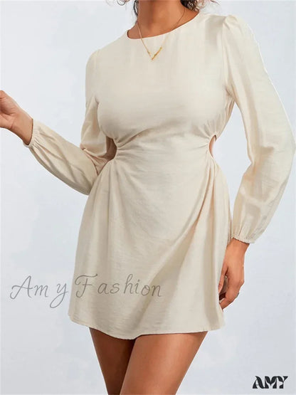 Amy Fashion - Long Sleeve Waist Hollow Out Tie Up Mini Dress