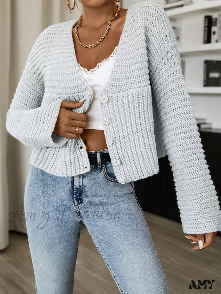 Amy Fashion - Long Sleeves V Neck Buttons Up Short Knit Open Cardigan