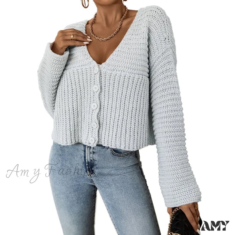 Amy Fashion - Long Sleeves V Neck Buttons Up Short Knit Open Cardigan Light Blue / S