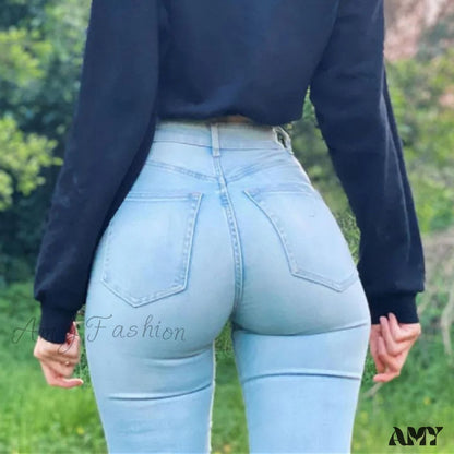 Amy Fashion - Long Street Leggings Stretch Oversized Jeans Light Blue / Xxl