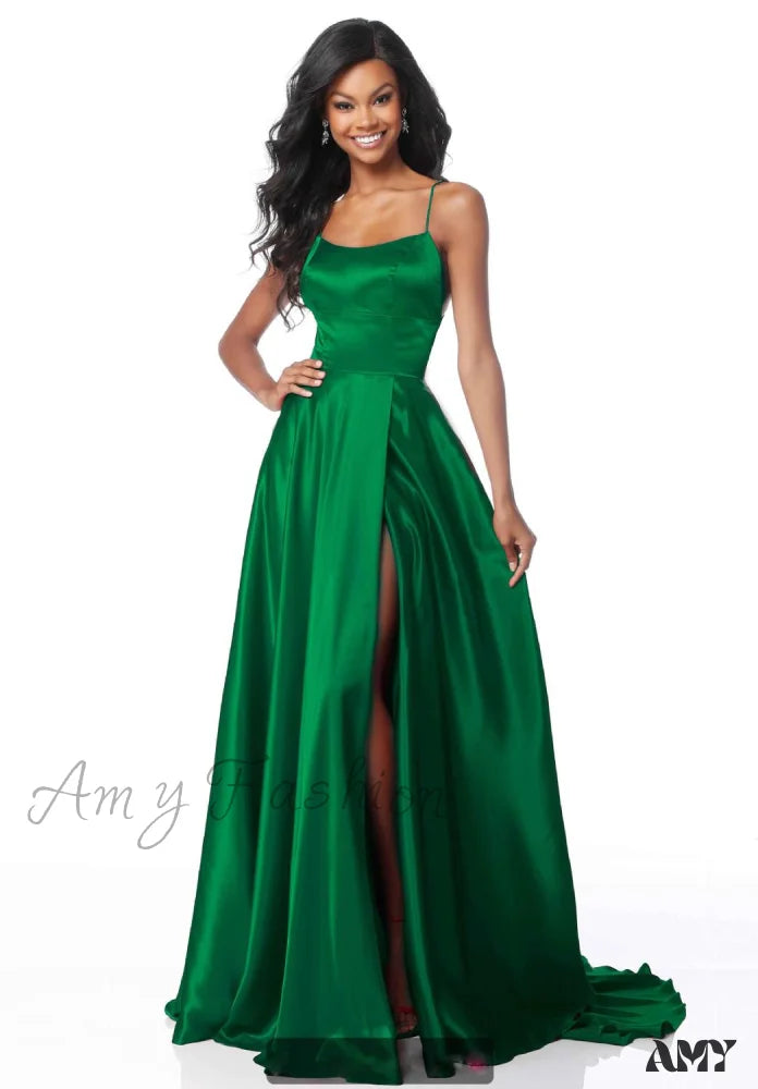 Amy Fashion - Long Style A Line High Split Silk Satin Evening Dress