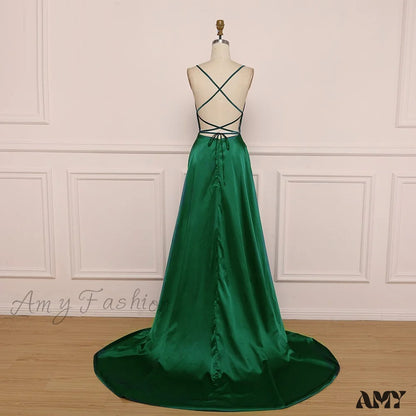 Amy Fashion - Long Style A Line High Split Silk Satin Evening Dress