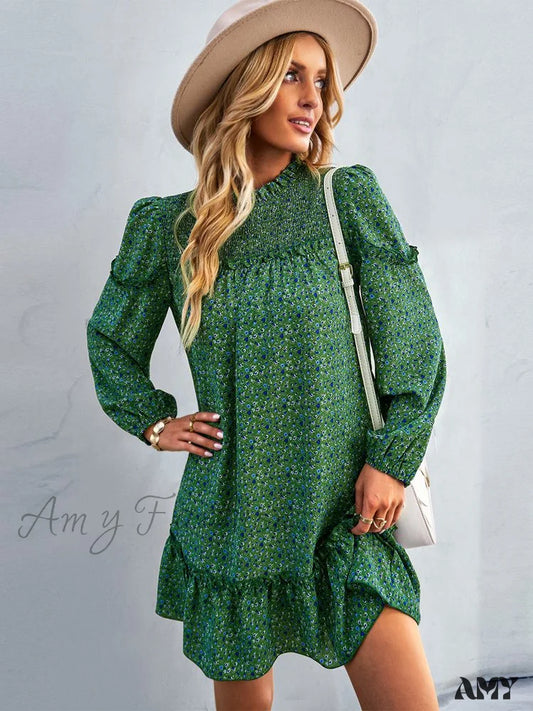 Amy Fashion - Loose All Match Waist Vacation Casual Dress Dark Green / M