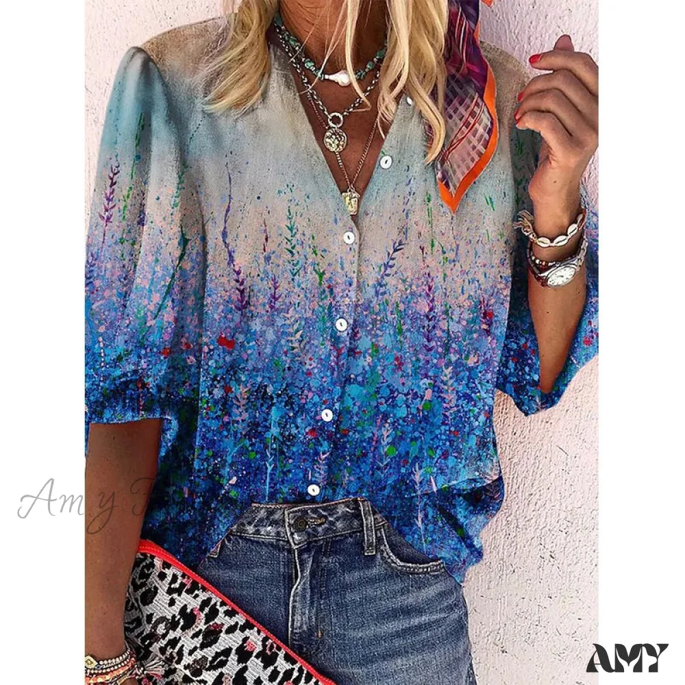 Amy Fashion - Loose Colorful Print Large Size Blouses 11 / S