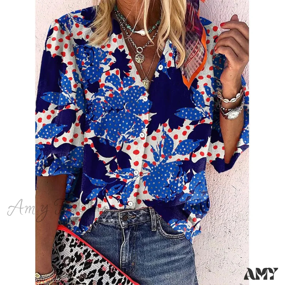 Amy Fashion - Loose Colorful Print Large Size Blouses 4 / S