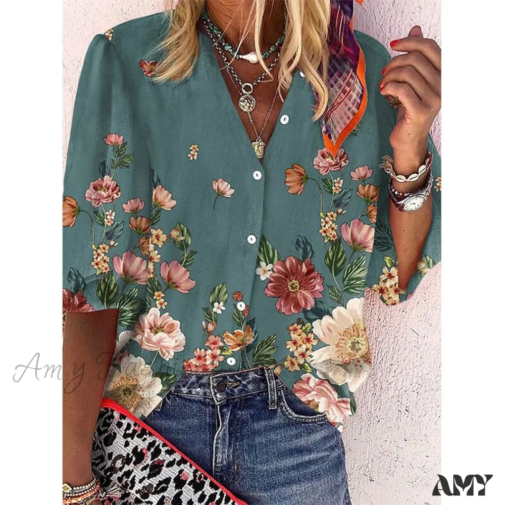 Amy Fashion - Loose Colorful Print Large Size Blouses 6 / S