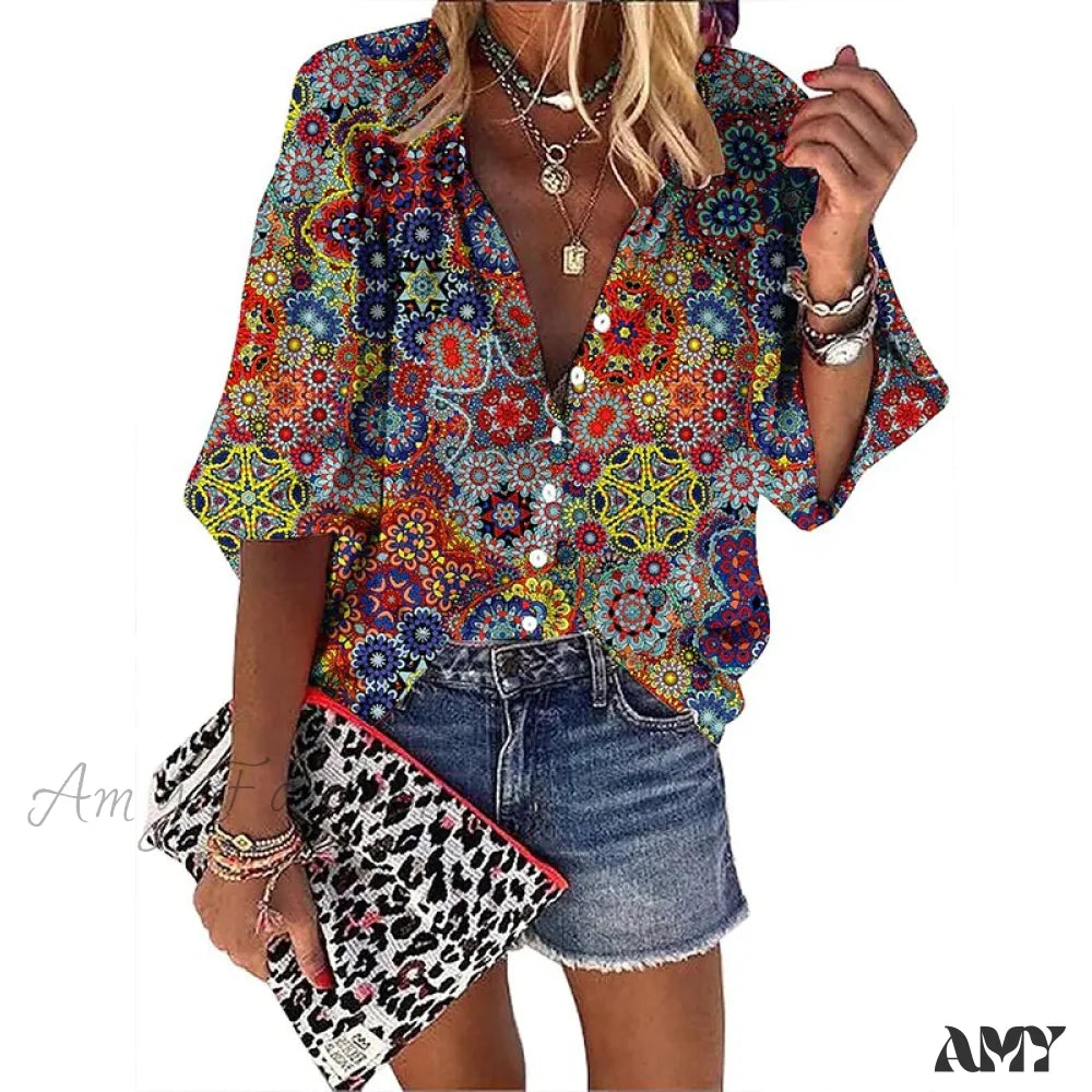 Amy Fashion - Loose Colorful Print Large Size Blouses 8 / S