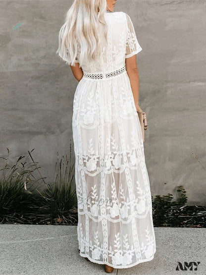 Amy Fashion - Loose Embroidery White Lace Maxi Boho Dress