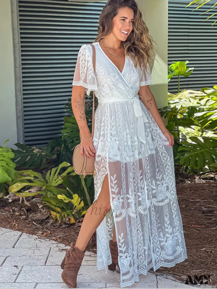 Amy Fashion - Loose Embroidery White Lace Maxi Boho Dress