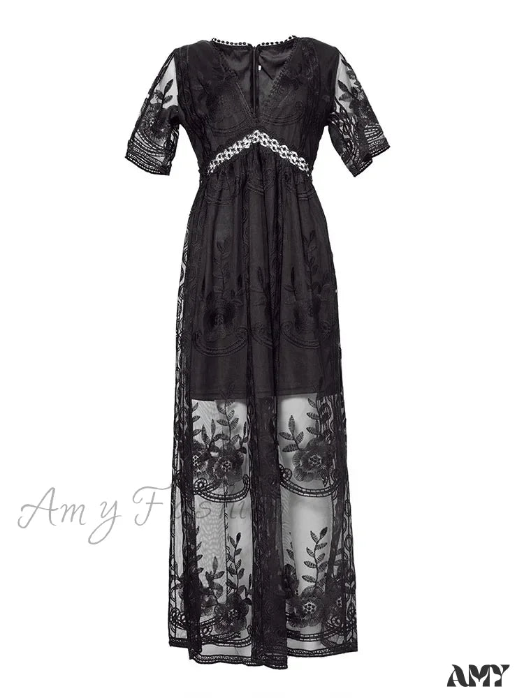 Amy Fashion - Loose Embroidery White Lace Maxi Boho Dress Black / S