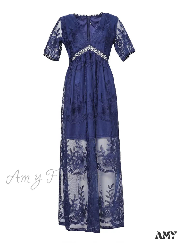 Amy Fashion - Loose Embroidery White Lace Maxi Boho Dress Darkblue / S