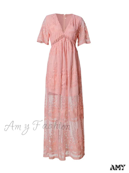 Amy Fashion - Loose Embroidery White Lace Maxi Boho Dress Pink / S