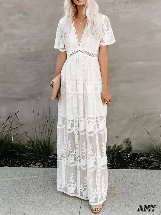 Amy Fashion - Loose Embroidery White Lace Maxi Boho Dress White / S