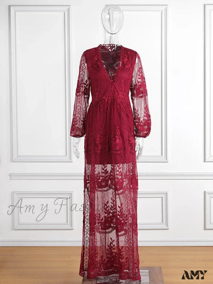 Amy Fashion - Loose Embroidery White Lace Maxi Boho Dress Winered / S