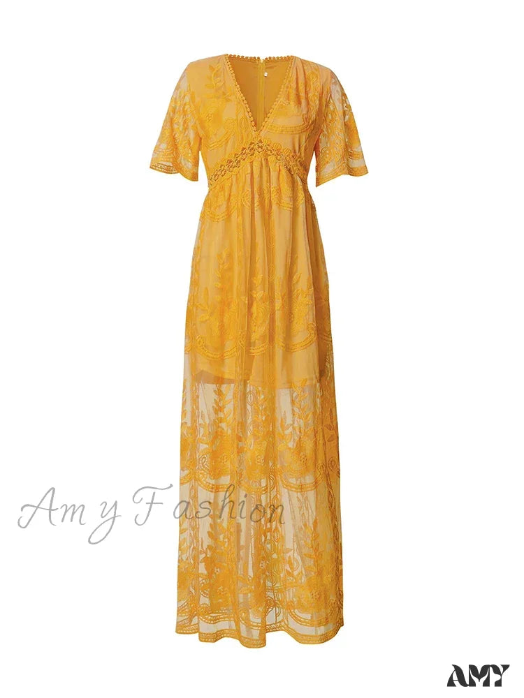 Amy Fashion - Loose Embroidery White Lace Maxi Boho Dress Yelow / S