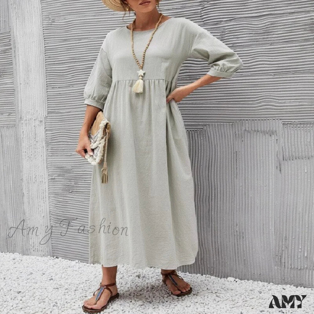 Amy Fashion - Loose Solid Lantern Sleeve Pocket Dresses